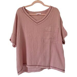 Pink Lily Precious Smile Mauve Raw Hem Pocket Blouse Small Cotton